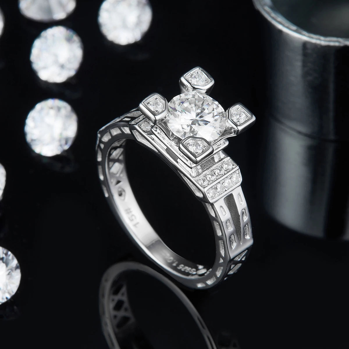 Womens Sterling Silver Moissanite Ring 1ct Round & Baguette