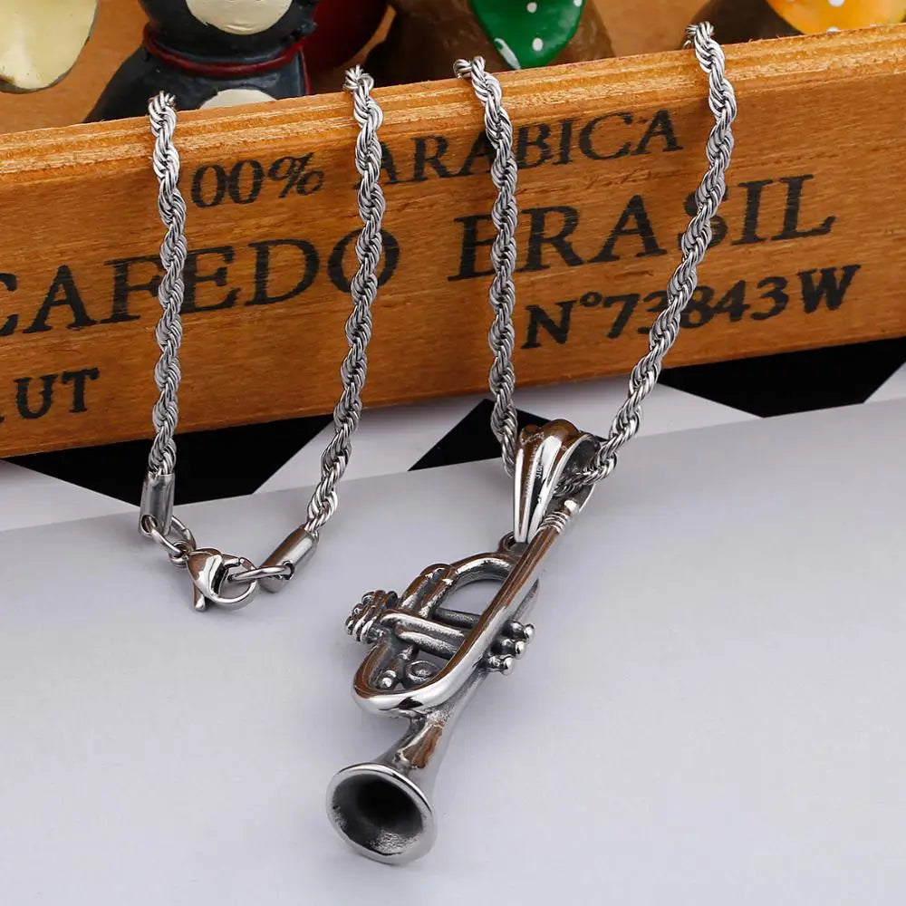 Check Out Our Mobile Watch Price, Men's Stainless Steel Trumpet Pendant Necklace