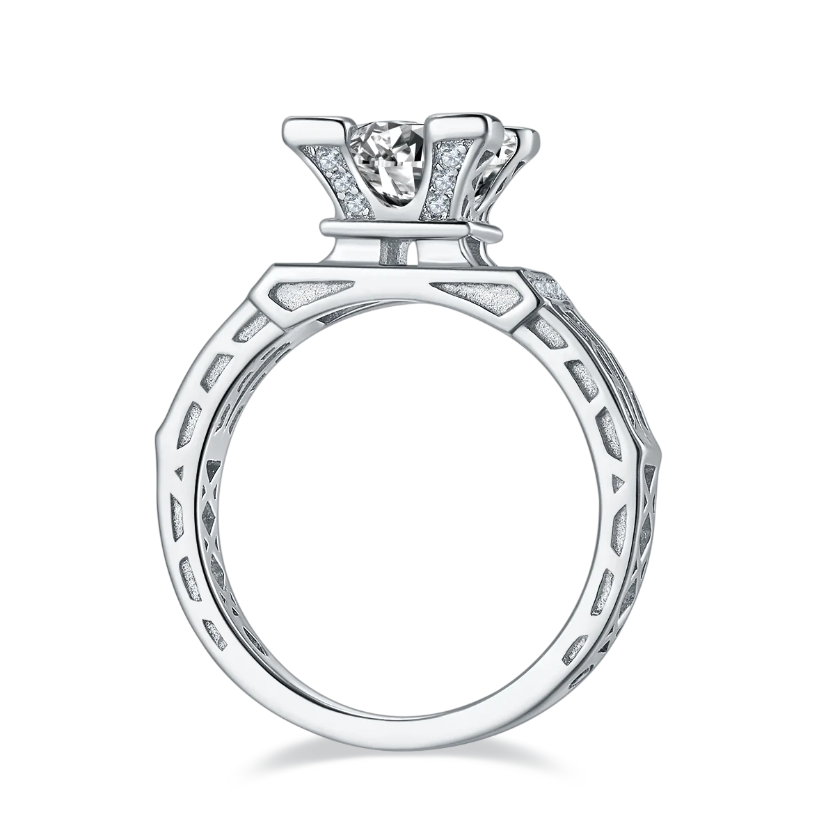 Womens Sterling Silver Moissanite Ring 1ct Round & Baguette