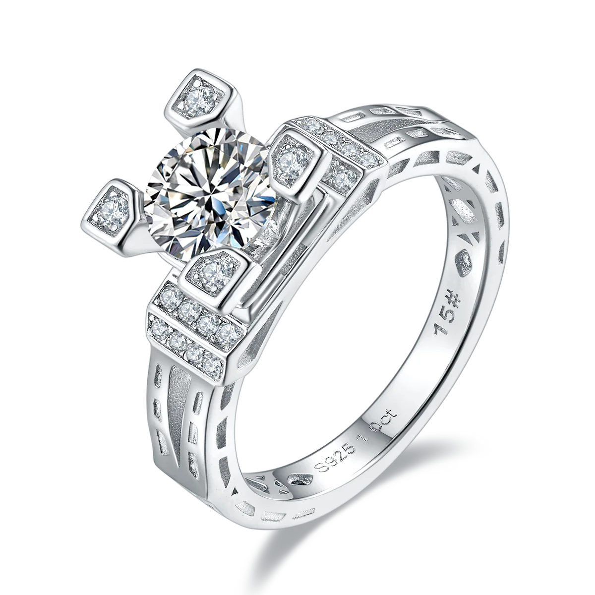Womens Sterling Silver Moissanite Ring 1ct Round & Baguette