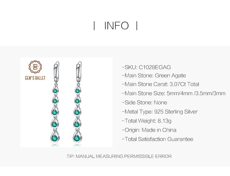 Sterling Silver Drop Earrings Green Agate Gemstone Earrings