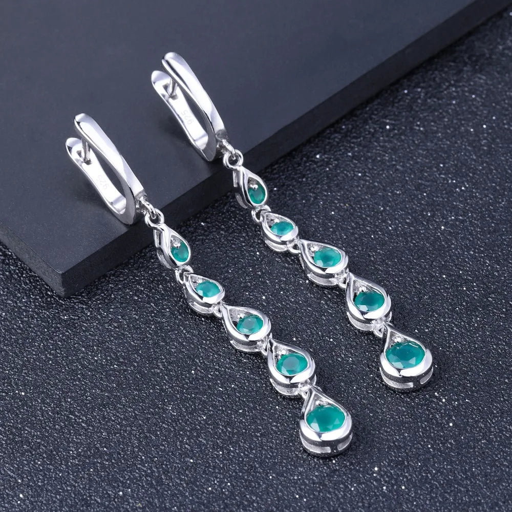 Sterling Silver Drop Earrings Green Agate Gemstone Earrings