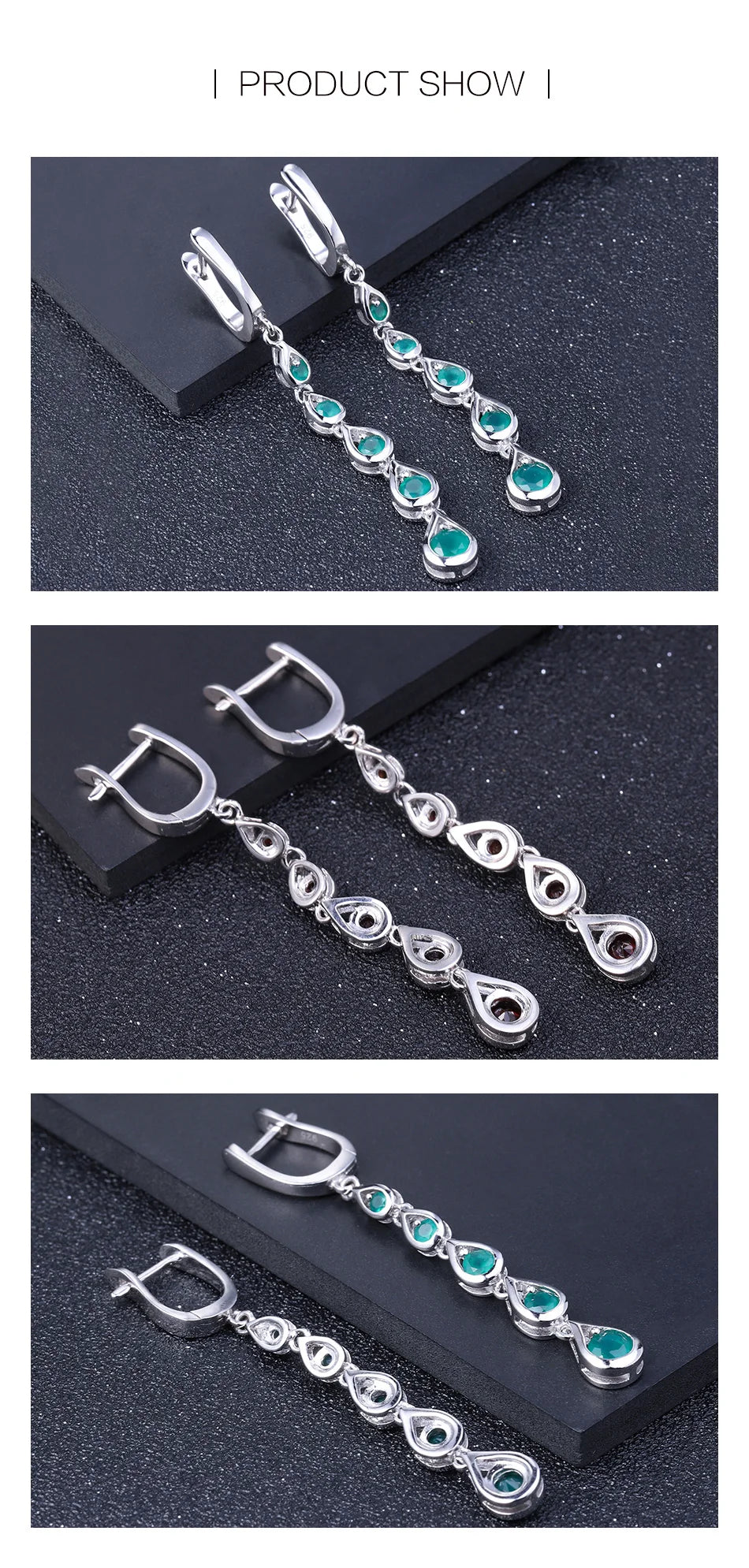 Sterling Silver Drop Earrings Green Agate Gemstone Earrings