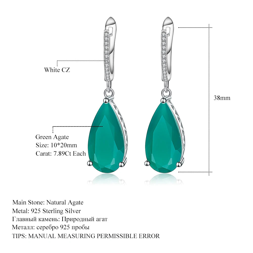 Women's 925 Sterling Silver Green Agate Drop Earrings