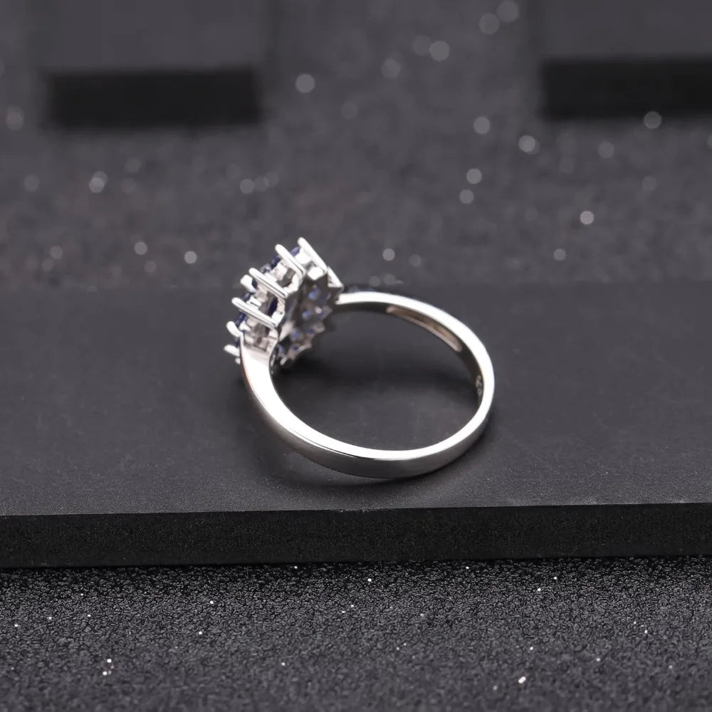 Women's Blue Sapphire Silver Vintage Flower Gemstone Ring