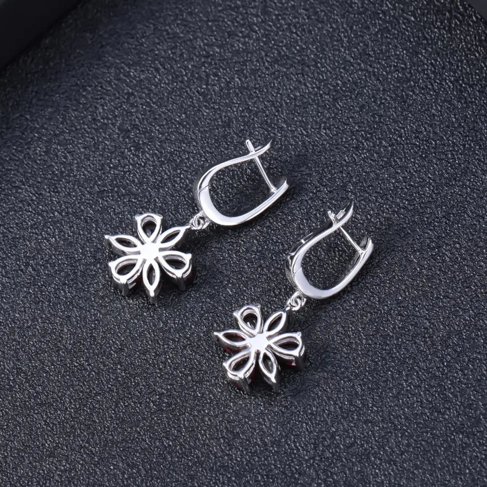 Women's Sterling Silver Flower Design Garnet Drop Earrings