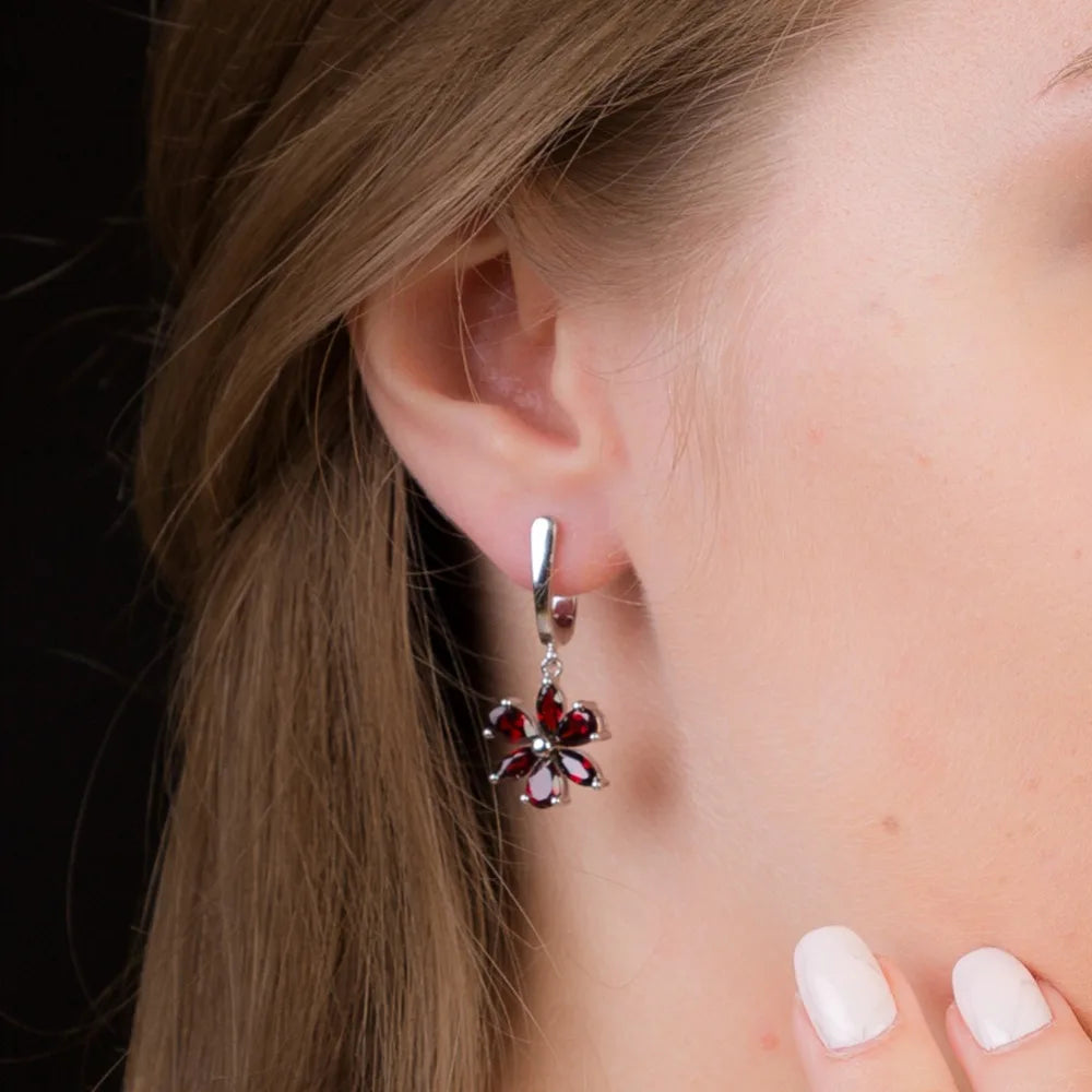 Women's Sterling Silver Flower Design Garnet Drop Earrings