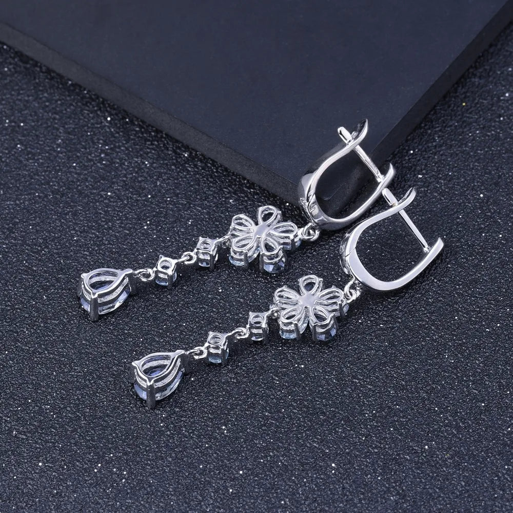 Iolite Mystic Sky Blue Topaz Silver Flower Drop Earrings