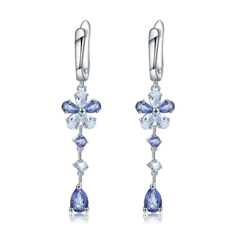 Iolite Mystic Sky Blue Topaz Silver Flower Drop Earrings