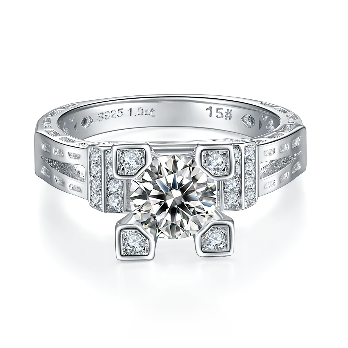 Womens Sterling Silver Moissanite Ring 1ct Round & Baguette