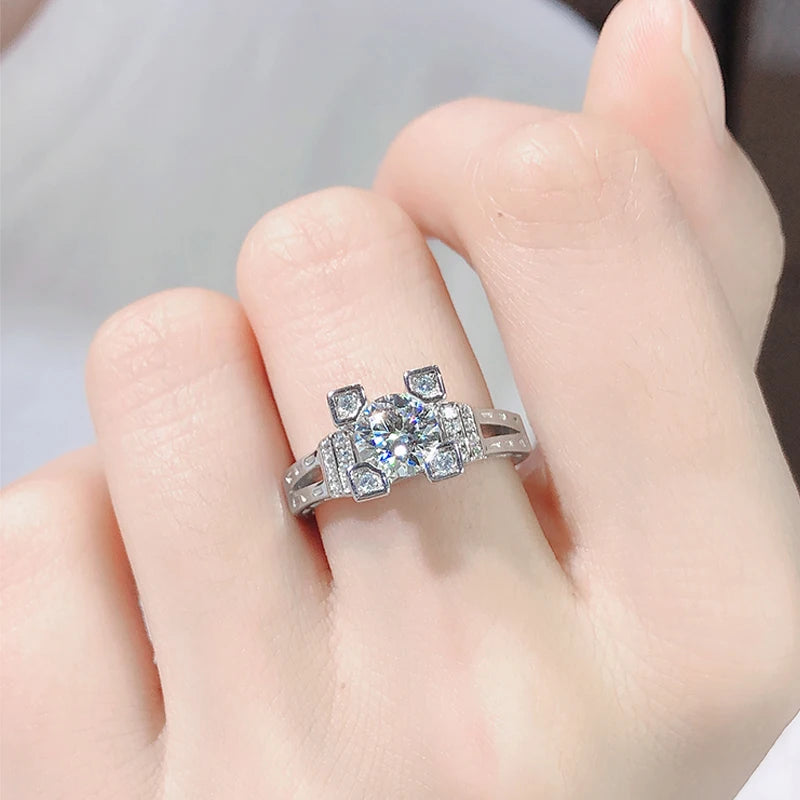 Womens Sterling Silver Moissanite Ring 1ct Round & Baguette