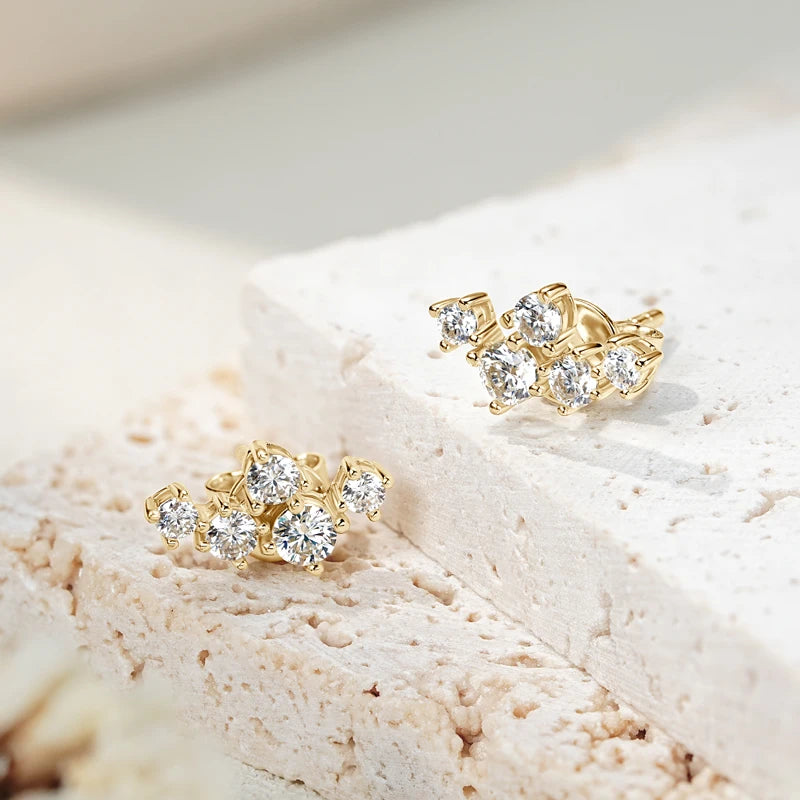 Womens Silver Cluster Round Moissanite Stud Earrings