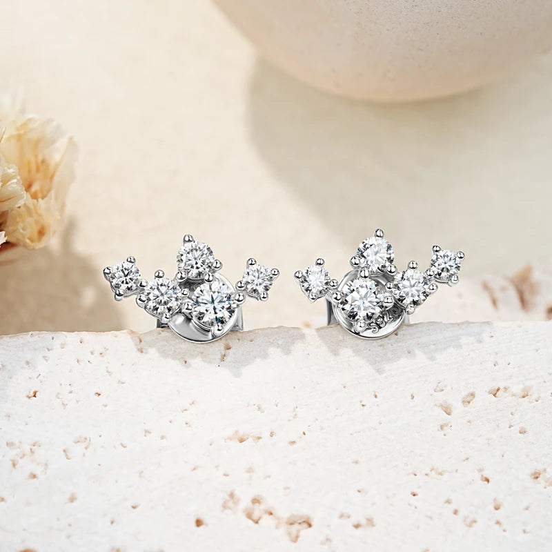 Womens Silver Cluster Round Moissanite Stud Earrings