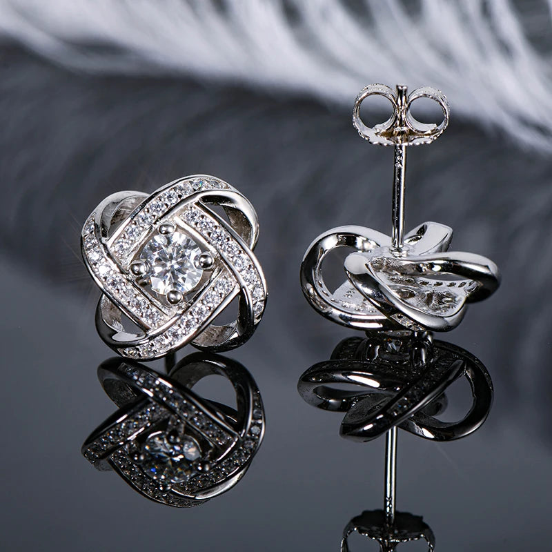 Womens Moissanite Twist Flower Stud Earrings