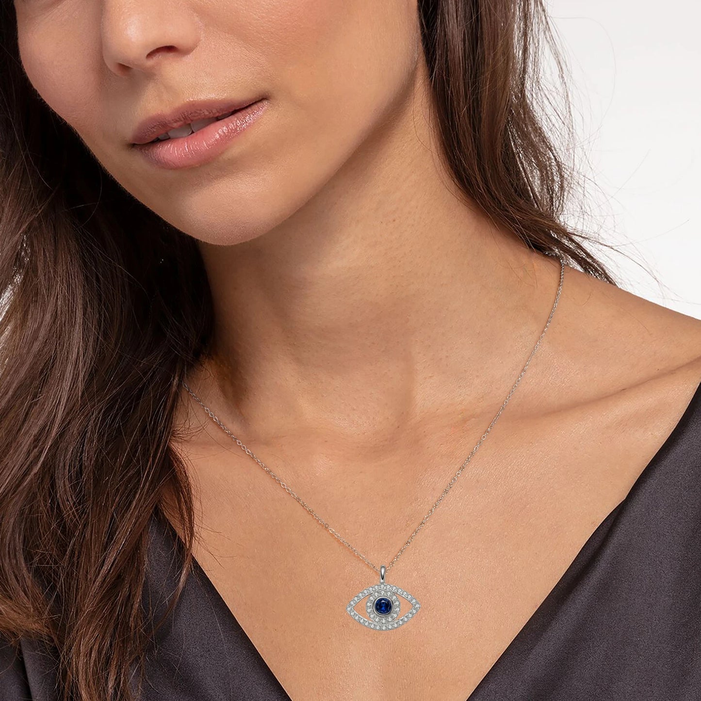 Round Cubic Zirconia Blue Gemstone Eye Pendant Necklace