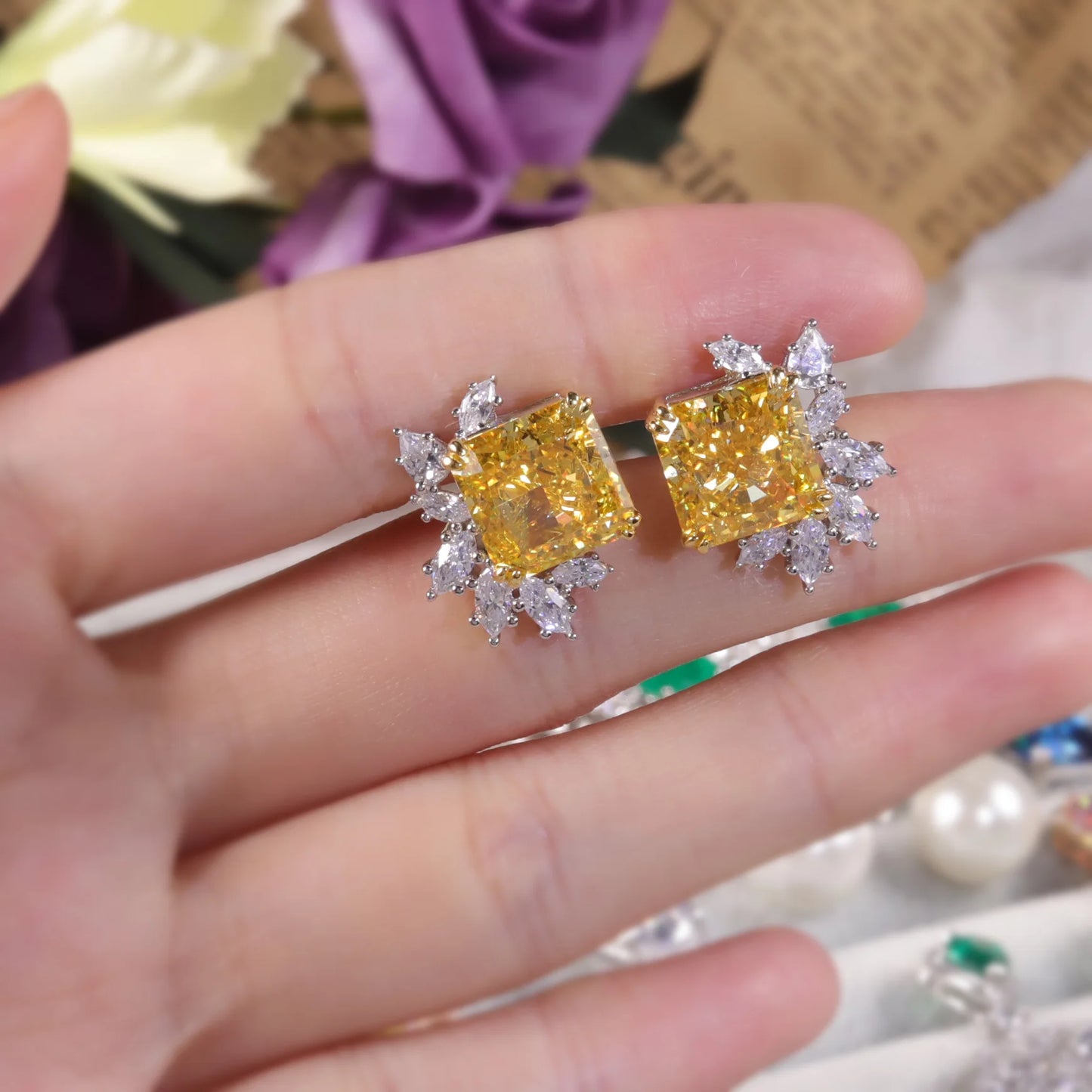Check Out Our Mobile Watch Price, Womans Sterling Silver Marquise Diamond Yellow Stud Earrings