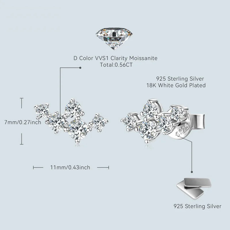 Womens Silver Cluster Round Moissanite Stud Earrings