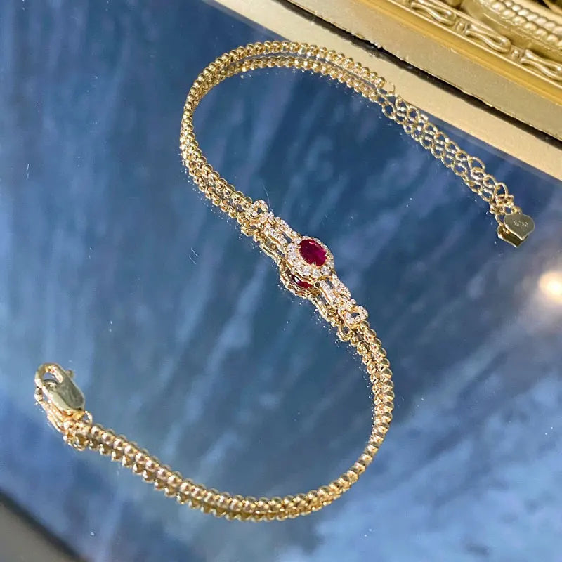 18K Yellow Gold Ruby Diamonds Bracelet For Woman