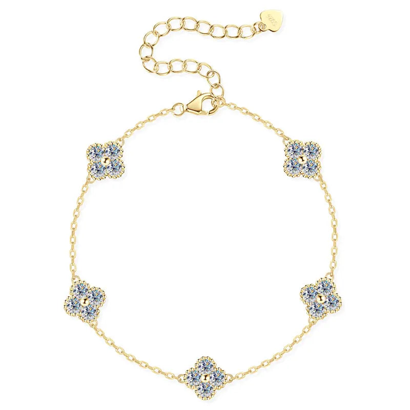 18k Gold Plated Silver Flower Clover Moissanite Bracelet