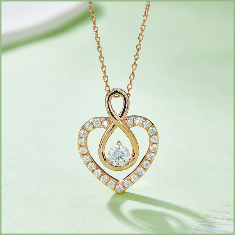 925 Sterling Silver Moissanite Heart Necklace Infinity Loop