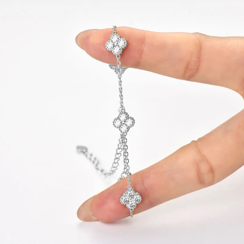 18k Gold Plated Silver Flower Clover Moissanite Bracelet