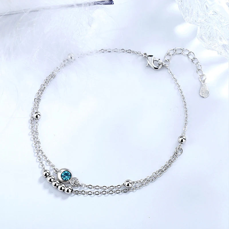 925 Sterling Silver Blue Zircon Double Layer Anklets