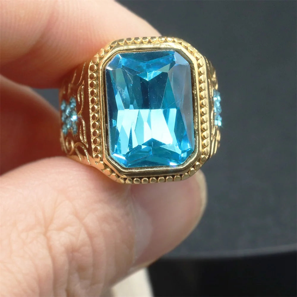 Hip Hop Stainless Steel Blue Square Ring For Men
