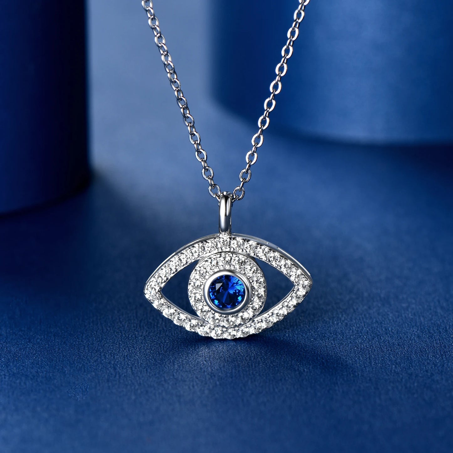 Round Cubic Zirconia Blue Gemstone Eye Pendant Necklace