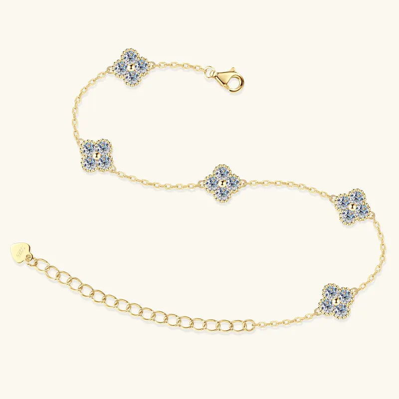 18k Gold Plated Silver Flower Clover Moissanite Bracelet