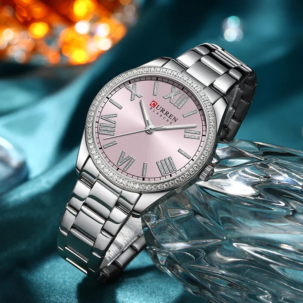 Ladies Stainless Steel Silver Rhinestone Dial Quartz Watch