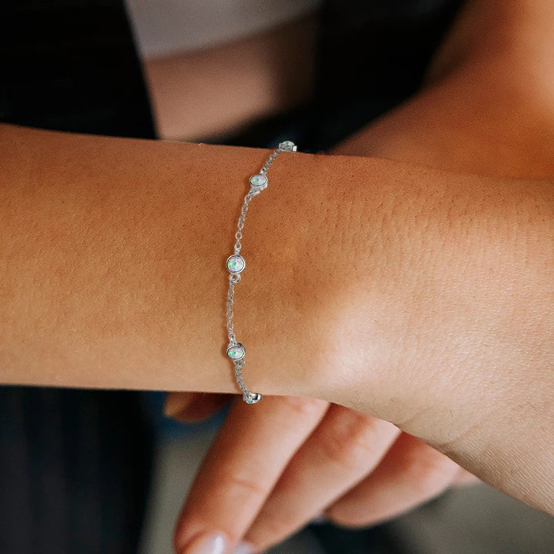 Womens Bezel Silver Adjustable Chain Opal Bracelet