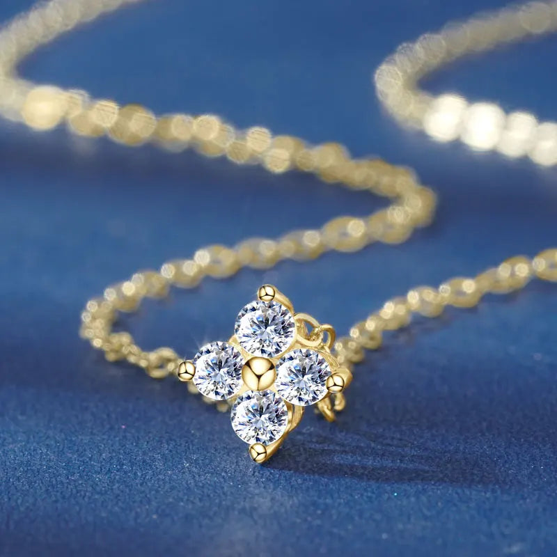10K Gold Clover Flower Moissanite Necklace Adjustable Chain