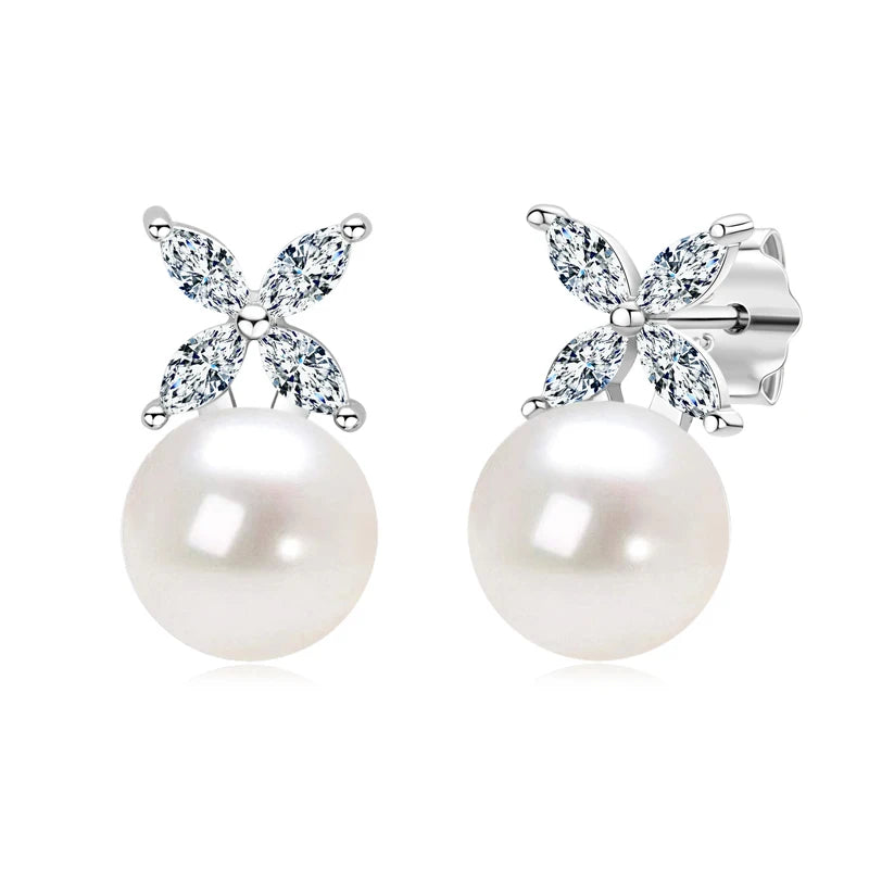 Silver Four-leaf Clover Cubic Zircon Pearl Stud Earrings