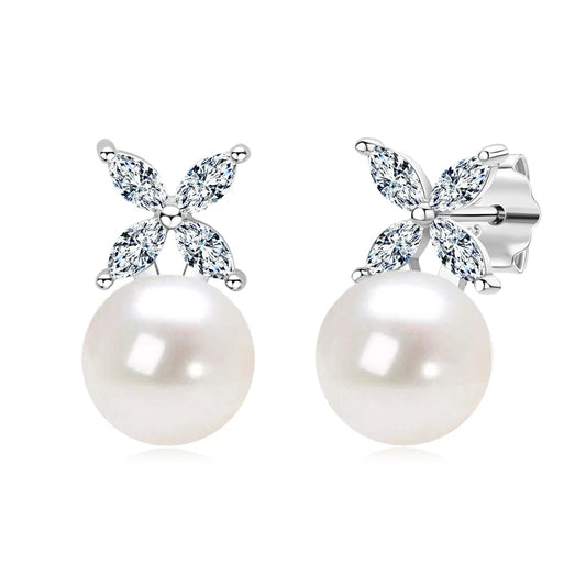 Silver Four-leaf Clover Cubic Zircon Pearl Stud Earrings