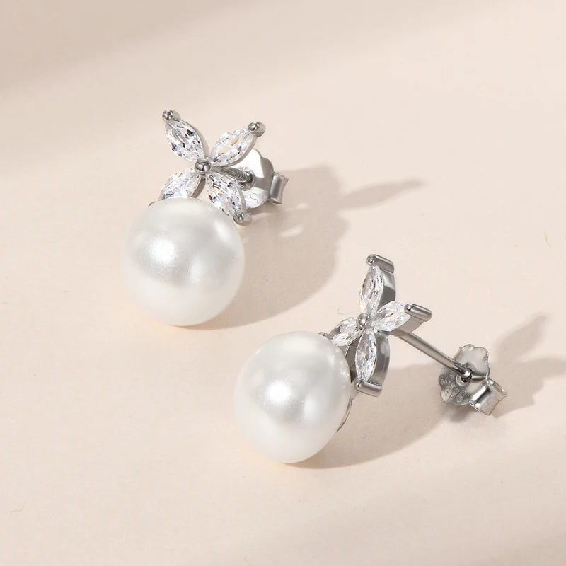 Silver Four-leaf Clover Cubic Zircon Pearl Stud Earrings