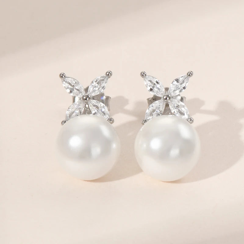 Silver Four-leaf Clover Cubic Zircon Pearl Stud Earrings