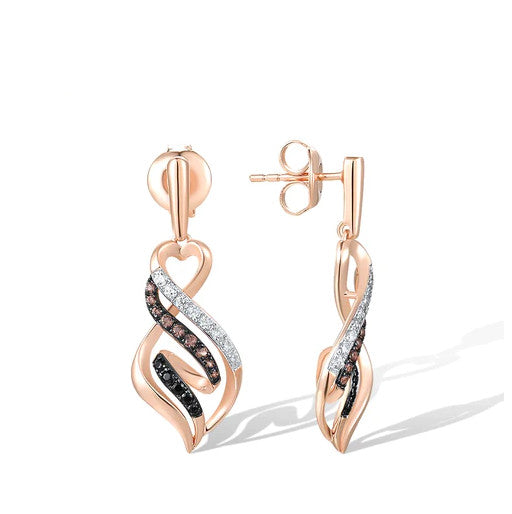 14K Rose Gold Enduring Jewels Earrings White Brown Black Diamonds.