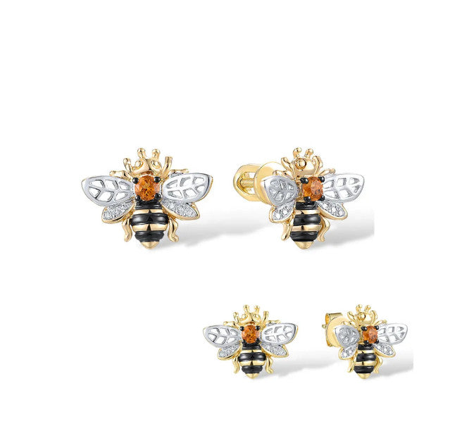 14K 585 Yellow Gold Bee Earrings For Women Citrine Diamond.