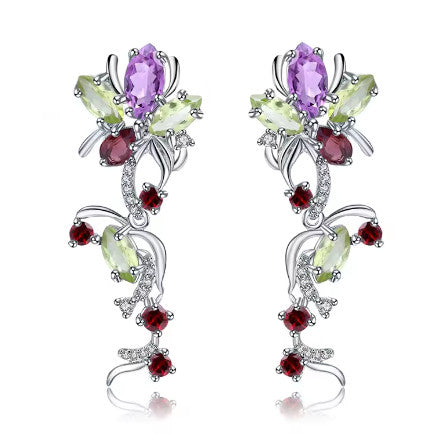 Women's Flower Peridot Amethyst Garnet Drop Earrings