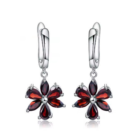 Women's Sterling Silver Flower Design Garnet Drop Earrings