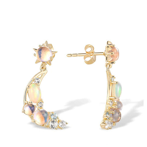 14K Yellow Gold Enduring Jewels Earrings Opal Blue Moonstone Topaz.