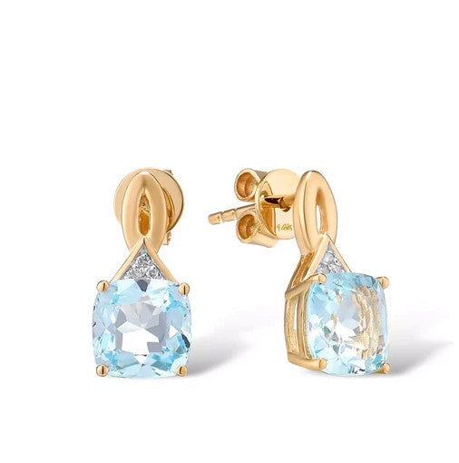 Womens Studs,14K Yellow Gold Blue Topaz Diamonds.