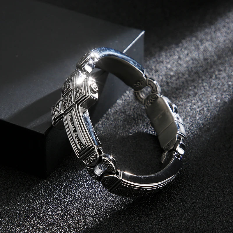 Christian Big Cross Charm Bracelets Men 20cm Stainless Steel.