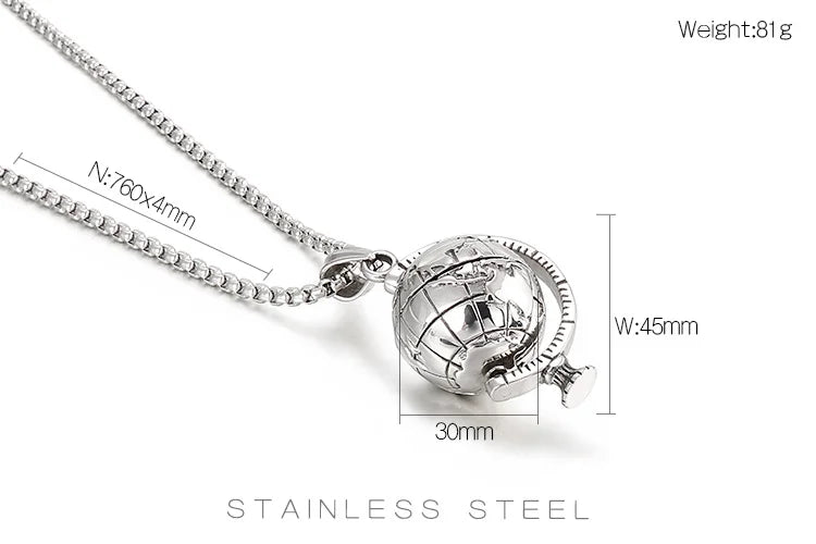 Globe Pendant Steel Color Men's Punk Style Stainless Steel Necklace.