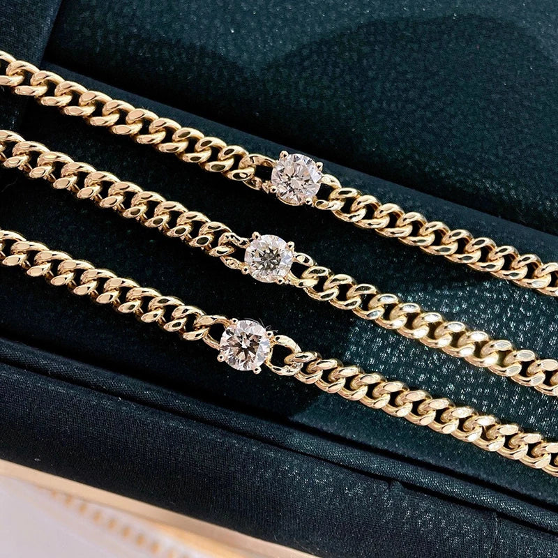 18K Yellow Gold Diamonds Classic Cuban Chain Bracelet For Woman.