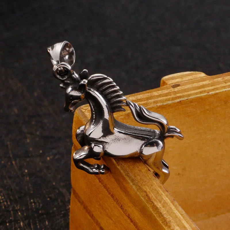 Stainless Steel Running Horse Necklace For Men Hip Hop Animal Colar.