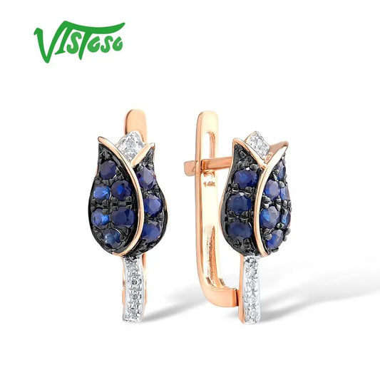 14K 585 Rose Gold Diamond Blue Sapphire Earrings For Women
