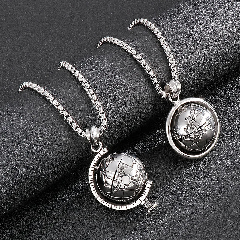 Globe Pendant Steel Color Men's Punk Style Stainless Steel Necklace.