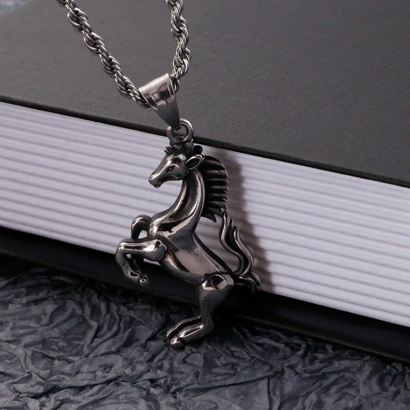 Stainless Steel Running Horse Necklace For Men Hip Hop Animal Colar.