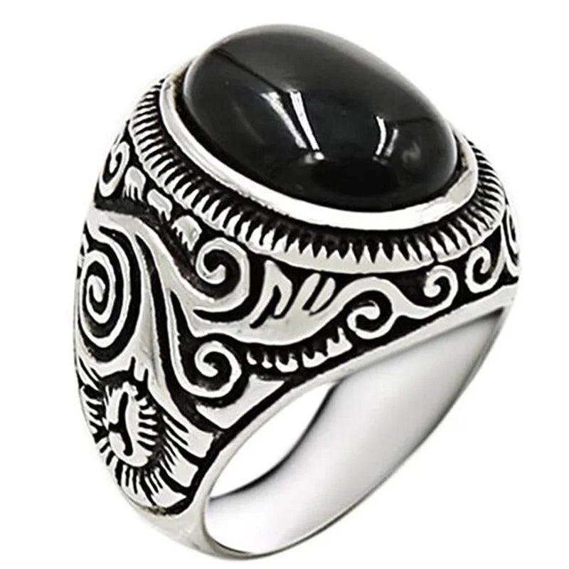 Men's Carved Pattern Stainless Steel Blue Stone Ring